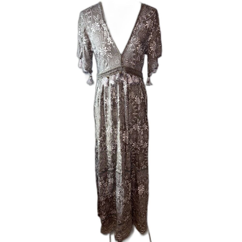 Yireh Hawaii Indi Maxi hand beaded & Tassels Boho Coastal Beach Island Dress MED